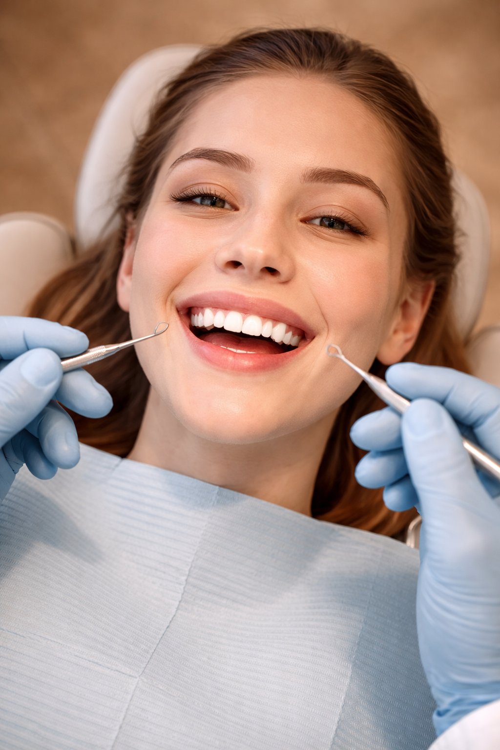 Paciente sonriendo durante examen dental profesional